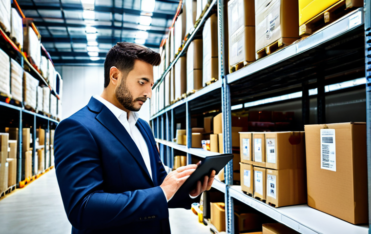 **

"A professional logistics manager in a modern, brightly lit warehouse, fully clothed in appropriate business attire, reviewing data on a tablet. Shelves filled with packages are visible in the background. The scene emphasizes organization and efficiency. Safe for work, perfect anatomy, natural proportions, professional, modest, family-friendly."

**