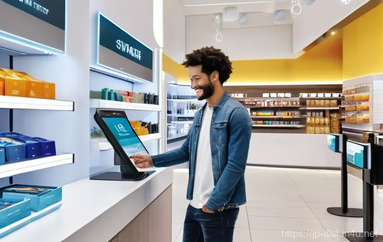 유통관리사로 유통업계 트렌드 분석하기 - Image Prompt 1: The Seamless Smart Store Experience** 유통관리사로 유통업계 트렌드 분석하기 - Image Prompt 1: The Seamless Smart Store Experience**