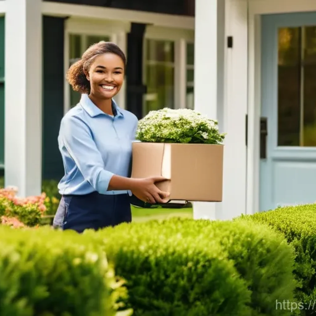 유통관리사와 현업의 연결고리 - A professional and friendly delivery driver, dressed in a clean, modern uniform, hands a neatly pack...