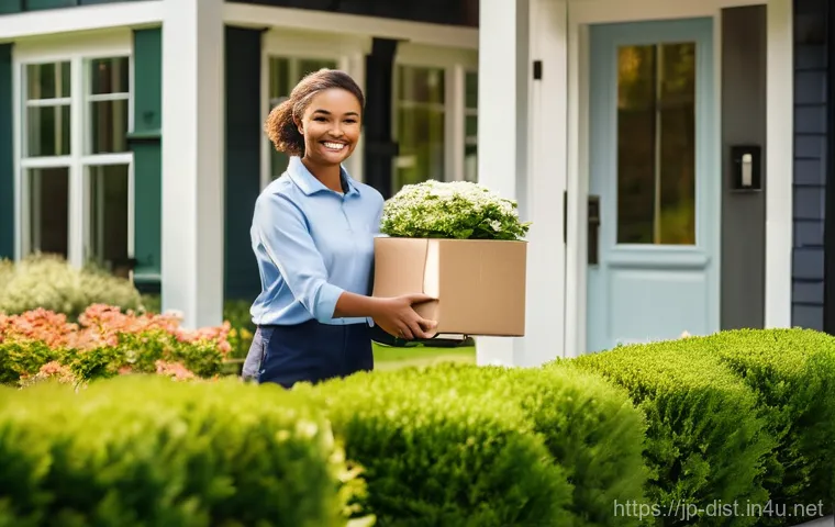 유통관리사와 현업의 연결고리 - A professional and friendly delivery driver, dressed in a clean, modern uniform, hands a neatly pack...
