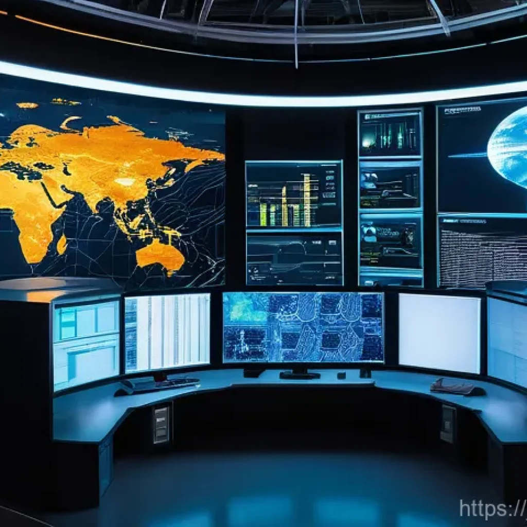 유통관리사 자격증으로 취득한 기업 사례 - A sophisticated, high-tech control room with a massive, transparent holographic globe at its center....