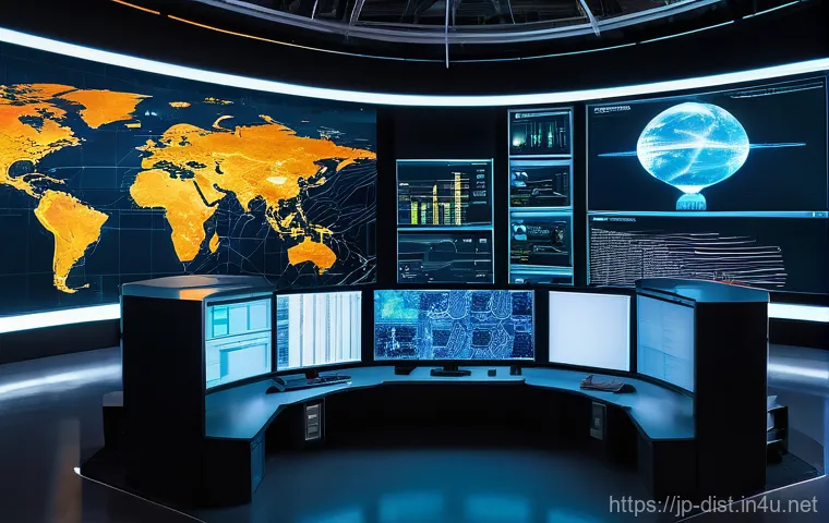 유통관리사 자격증으로 취득한 기업 사례 - A sophisticated, high-tech control room with a massive, transparent holographic globe at its center....