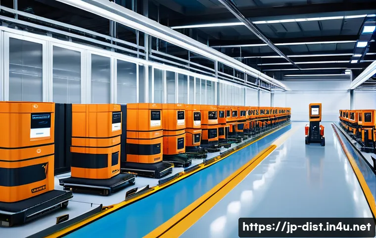 유통관리사와 전자상거래 이해 - A futuristic, brightly lit smart warehouse interior with advanced AI and IoT technology. Automated r...