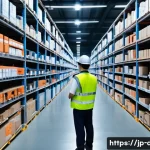 유통관리사 자격증 실무 활용 사례 - A modern Japanese warehouse interior with organized shelves displaying neatly labeled inventory boxe...