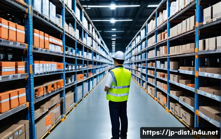 유통관리사 자격증 실무 활용 사례 - A modern Japanese warehouse interior with organized shelves displaying neatly labeled inventory boxe...