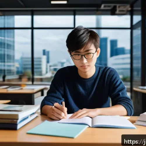유통관리사 시험 난이도 조정 이슈 - A modern Japanese study room scene with a young adult Japanese student sitting at a clean desk, surr...