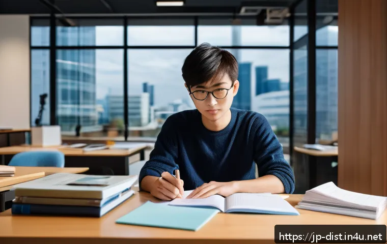 유통관리사 시험 난이도 조정 이슈 - A modern Japanese study room scene with a young adult Japanese student sitting at a clean desk, surr...