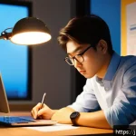 유통관리사 1급 시험 준비 노하우 - A focused Japanese office worker studying diligently at a modern desk in the evening, wearing casual...