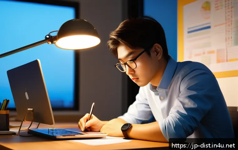 유통관리사 1급 시험 준비 노하우 - A focused Japanese office worker studying diligently at a modern desk in the evening, wearing casual...