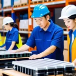 유통관리사 취업 성공 팁 - A modern Japanese warehouse interior bustling with activity, featuring workers in uniforms and safet...