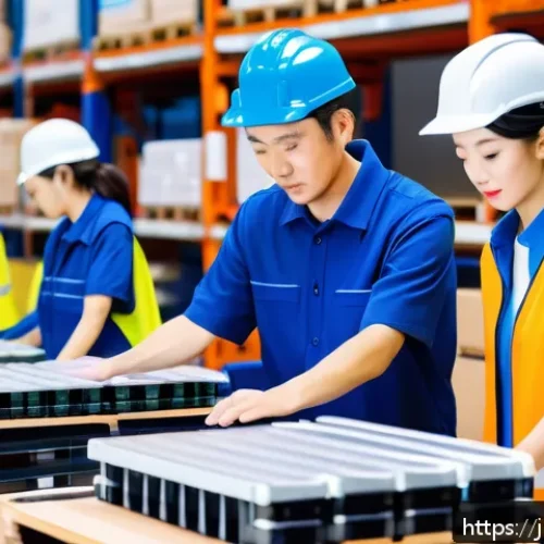 유통관리사 취업 성공 팁 - A modern Japanese warehouse interior bustling with activity, featuring workers in uniforms and safet...