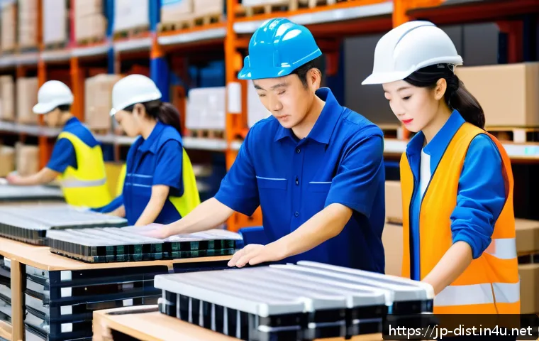 유통관리사 취업 성공 팁 - A modern Japanese warehouse interior bustling with activity, featuring workers in uniforms and safet...