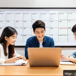 유통관리사 시험 대비 스터디 그룹 운영 - A modern Japanese study group scene in a cozy room with natural light, featuring diverse young adult...