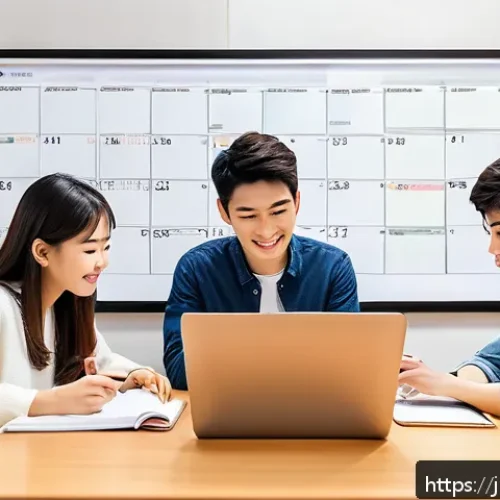 유통관리사 시험 대비 스터디 그룹 운영 - A modern Japanese study group scene in a cozy room with natural light, featuring diverse young adult...