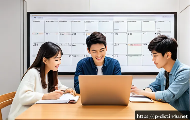 유통관리사 시험 대비 스터디 그룹 운영 - A modern Japanese study group scene in a cozy room with natural light, featuring diverse young adult...
