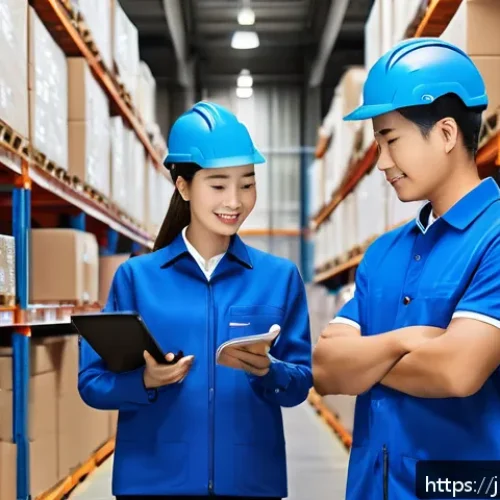 유통관리사 실무에서 배우는 노하우 - A modern logistics warehouse scene featuring a diverse team of warehouse staff using user-friendly d...