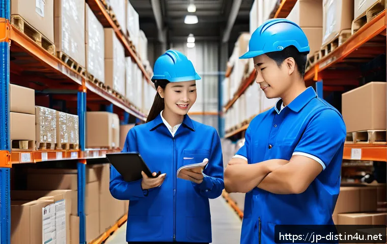 유통관리사 실무에서 배우는 노하우 - A modern logistics warehouse scene featuring a diverse team of warehouse staff using user-friendly d...